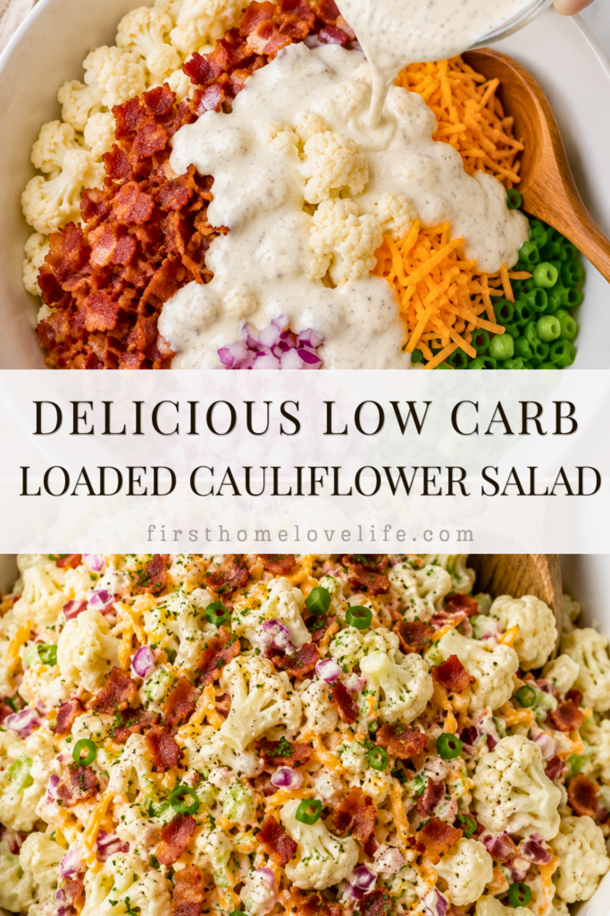 Step-by-step collage showing creamy ranch dressing being poured over cauliflower, bacon, cheddar cheese, green onions, and red onion before mixing into loaded cauliflower salad.