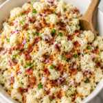 Creamy loaded cauliflower salad with bacon, cheddar cheese, green onions, and ranch dressing served in a large white bowl with a wooden spoon on a marble countertop.