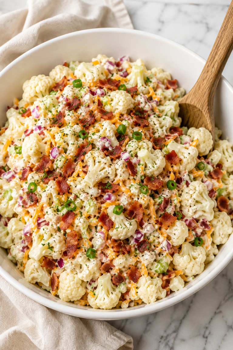 Creamy loaded cauliflower salad with bacon, cheddar cheese, green onions, and ranch dressing served in a large white bowl with a wooden spoon on a marble countertop.