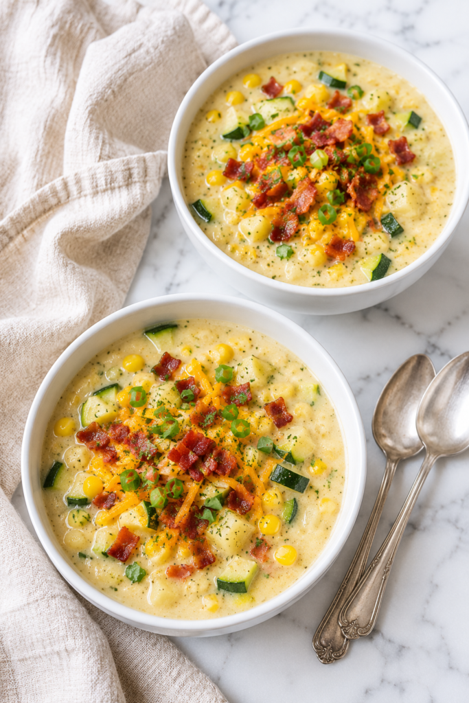 Two white bowls of creamy loaded zucchini and corn chowder topped with crispy bacon, shredded cheddar cheese, green onions, and parsley on a white marble countertop with two vintage silver spoons and a neutral linen kitchen towel.