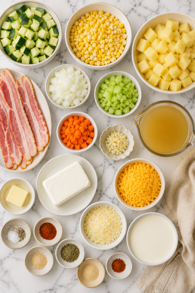 Flat lay of ingredients for loaded zucchini and corn chowder including fresh zucchini, sweet corn, Yukon Gold potatoes, bacon, cheddar cheese, Parmesan cheese, cream cheese, chicken broth, heavy cream, onions, carrots, celery, garlic, butter, and seasonings on a white marble countertop.
