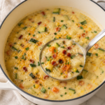 Creamy loaded zucchini and corn chowder in a large white enamel Dutch oven with a silver ladle, topped with crispy bacon, cheddar cheese, and fresh herbs on a white marble countertop with a neutral linen cloth.