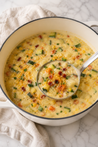 Creamy loaded zucchini and corn chowder in a large white enamel Dutch oven with a silver ladle, topped with crispy bacon, cheddar cheese, and fresh herbs on a white marble countertop with a neutral linen cloth.