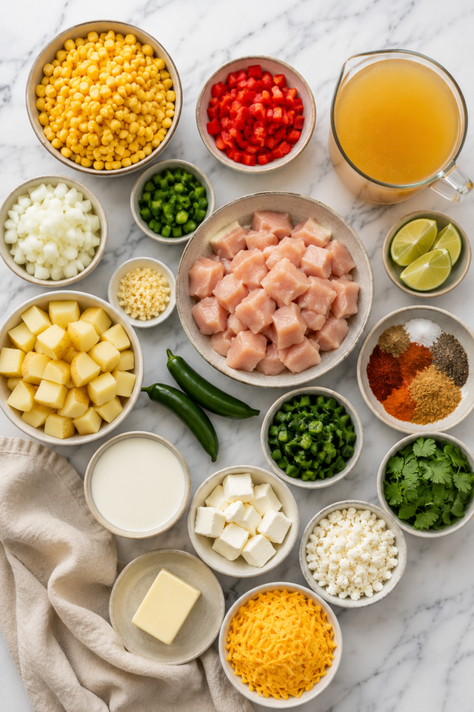 Flat lay of ingredients for Mexican Street Corn Chicken Chowder including chicken, corn, potatoes, peppers, cream cheese, cheddar, cotija cheese, cilantro, lime, spices, garlic, onion, and chicken broth on a white marble countertop.