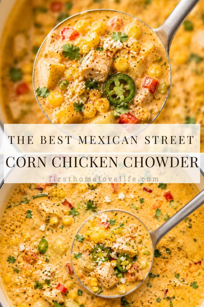 Close-up of a silver ladle scooping creamy Mexican Street Corn Chicken Chowder with tender chicken, roasted corn, potatoes, jalapeños, cotija cheese, and cilantro from a white Dutch oven.