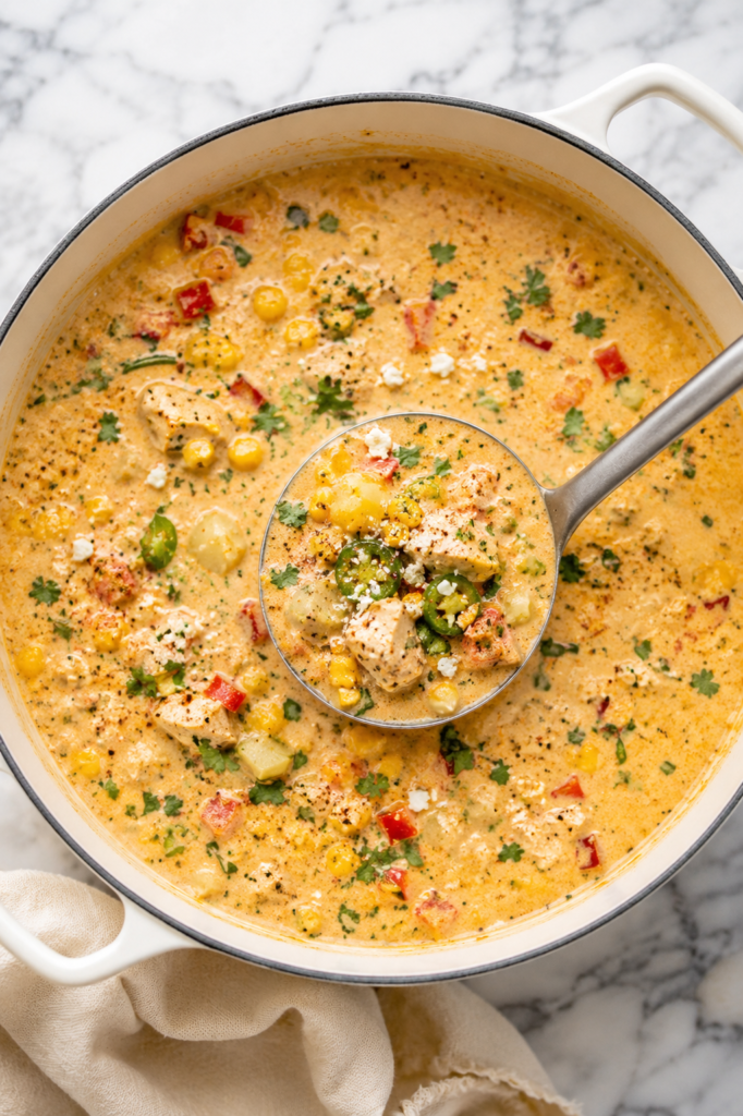 Creamy Mexican Street Corn Chicken Chowder in a white Dutch oven with a silver ladle, topped with cotija cheese, cilantro, jalapeños, and roasted corn on a marble countertop.