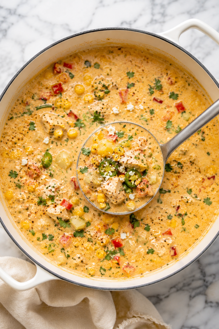 Creamy Mexican Street Corn Chicken Chowder in a white Dutch oven with a silver ladle, topped with cotija cheese, cilantro, jalapeños, and roasted corn on a marble countertop.