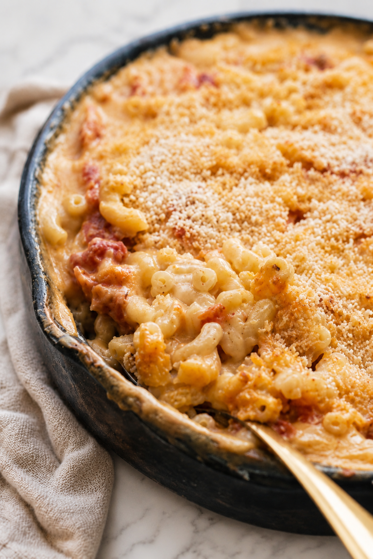 Creamy baked macaroni with stewed tomatoes and a golden breadcrumb topping in a rustic skillet.