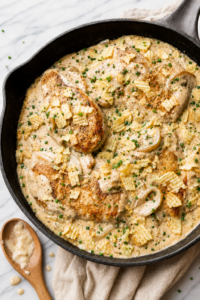 One pan sour cream and onion chicken topped with crushed potato chips and fresh chives in a creamy onion sauce.