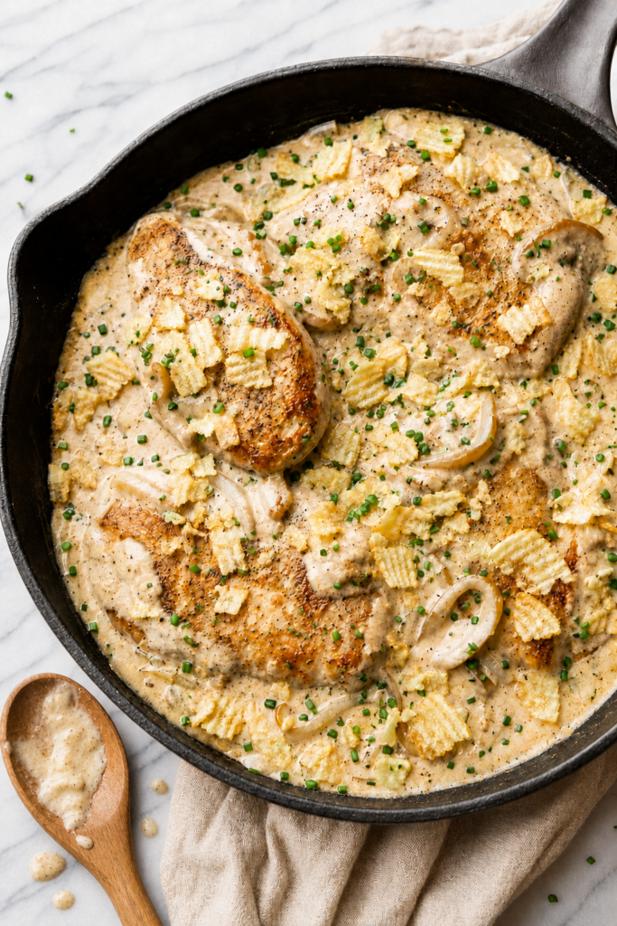 One pan sour cream and onion chicken topped with crushed potato chips and fresh chives in a creamy onion sauce.