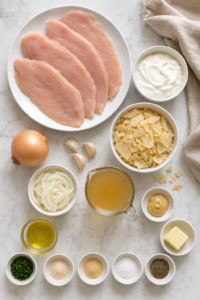 Flat lay of ingredients for one pan sour cream and onion chicken, including chicken breasts, sour cream, onions, potato chips, broth and seasonings.