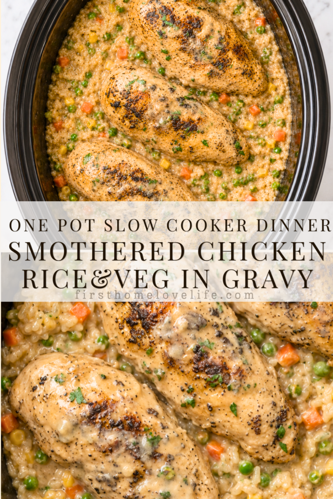 Pinterest graphic featuring Crockpot Smothered Chicken with creamy rice, peas, carrots, corn, and savory onion gravy.