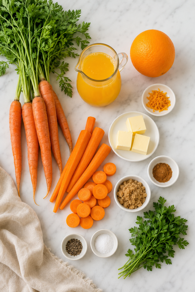 Ingredients for orange juice glazed carrots arranged on a white marble counter