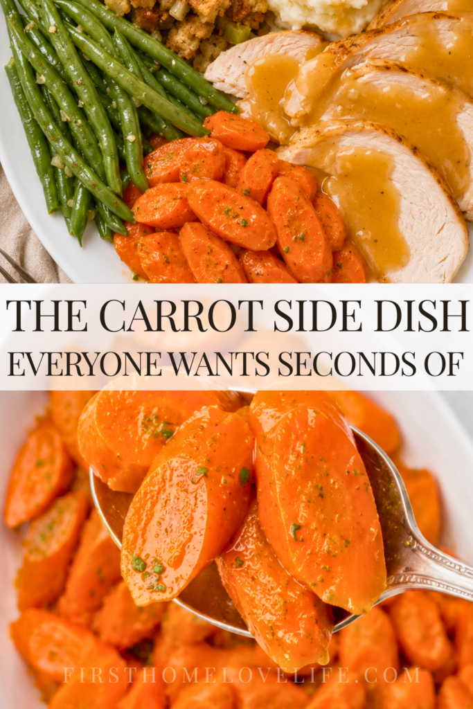Pinterest pin for orange juice glazed carrots with a Thanksgiving dinner plate and spoonful of glazed carrots