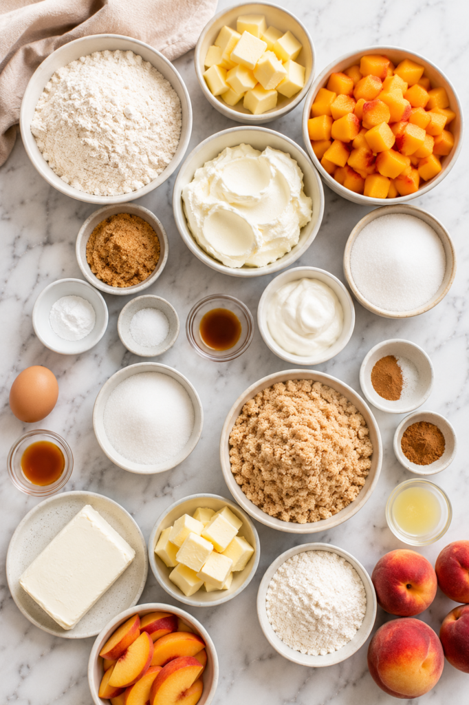 Flat lay of ingredients for Peach Cobbler Cheesecake Bars including fresh peaches, cream cheese, butter, flour, sugar, cinnamon, vanilla, sour cream, eggs, baking powder, and lemon juice on a marble countertop.