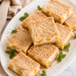 Stacked Peach Cobbler Cheesecake Bars on a white oval platter with a buttery crumble topping, creamy cheesecake filling, juicy peaches, fresh mint, and a marble countertop.
