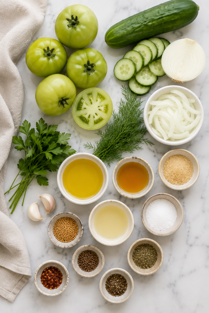 Flat lay of fresh ingredients for pickled green tomato salad including green tomatoes, cucumber, onion, garlic, dill, parsley, vinegar, olive oil, and seasonings on a white marble countertop.