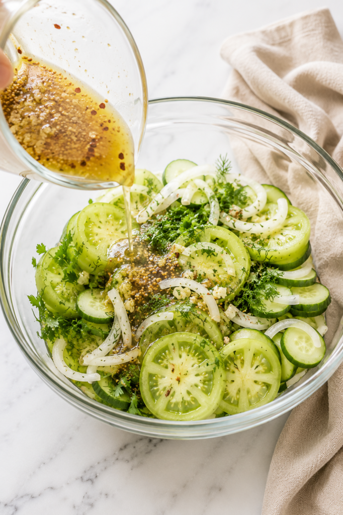 Homemade pickling brine being poured over sliced green tomatoes, cucumbers, onions, and fresh herbs in a glass mixing bowl before marinating.