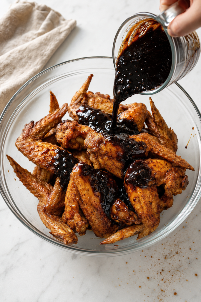 Glossy black barbecue glaze being poured over baked whole chicken wings in a large glass mixing bowl.
