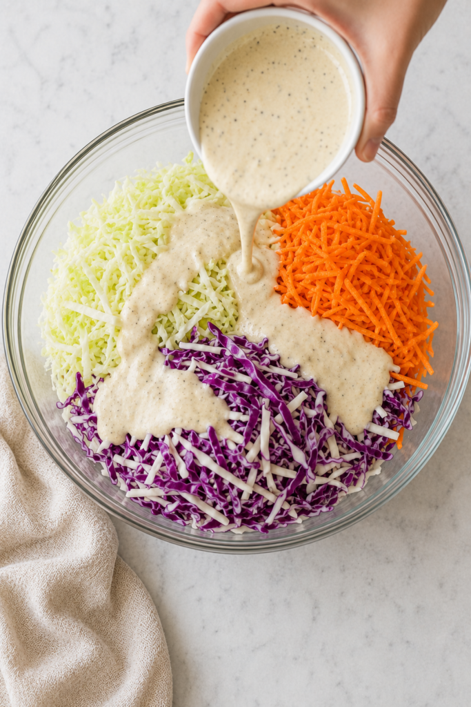 : Creamy Caesar dressing being poured over shredded green cabbage, red cabbage, and carrots in a large glass mixing bowl.
