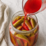 Red Kool-Aid pickle brine being poured from a glass measuring cup over cut dill pickles in a clear jar.