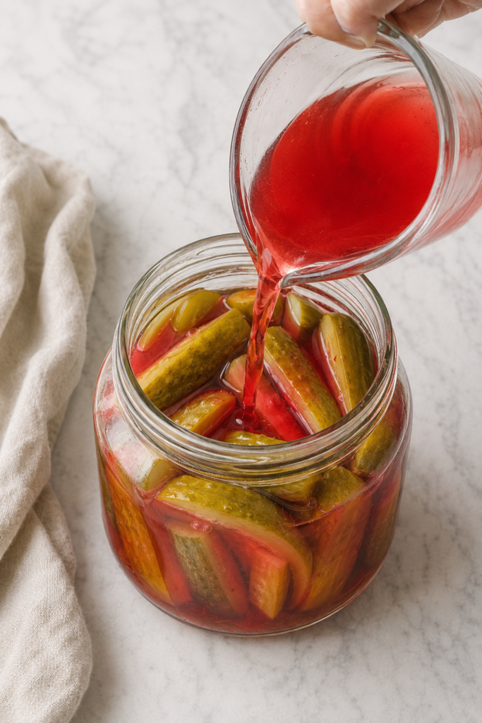 Red Kool-Aid pickle brine being poured from a glass measuring cup over cut dill pickles in a clear jar.