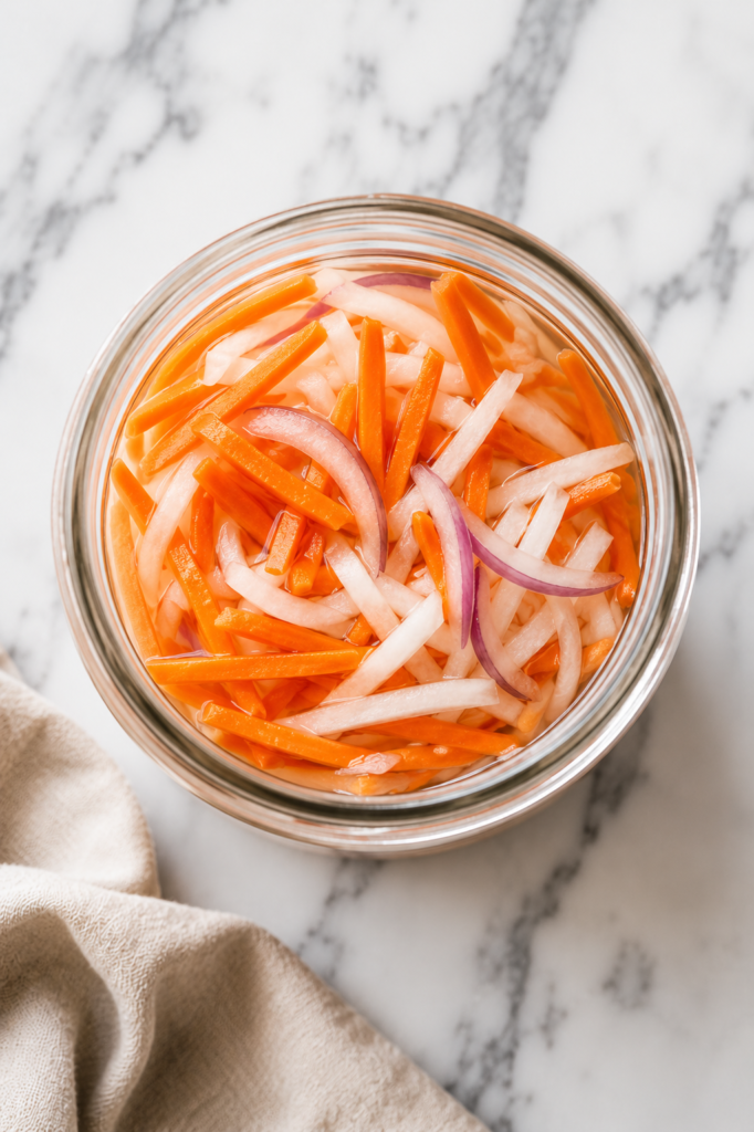 Bird's-eye view of a glass jar filled with quick pickled carrots, daikon radish, and red onion on a white marble countertop.