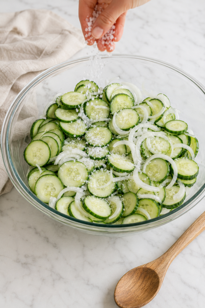 Hand sprinkling pickling salt over sliced cucumbers and onions in a large glass mixing bowl.