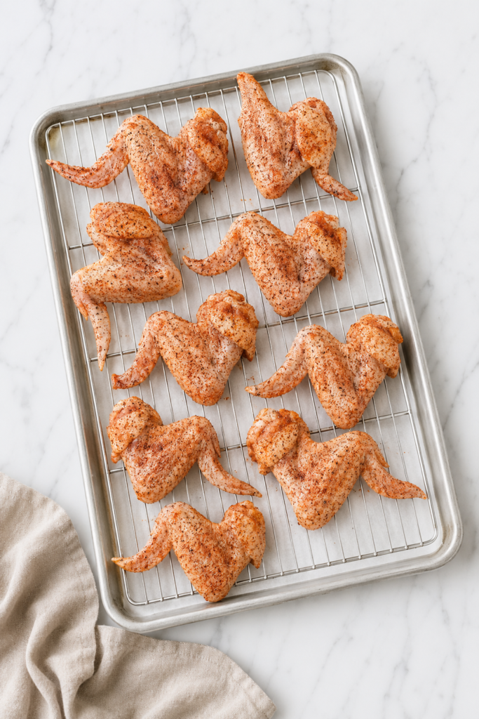 Whole chicken wings coated in seasonings and arranged on a wire rack before baking Halloween black chicken wings.