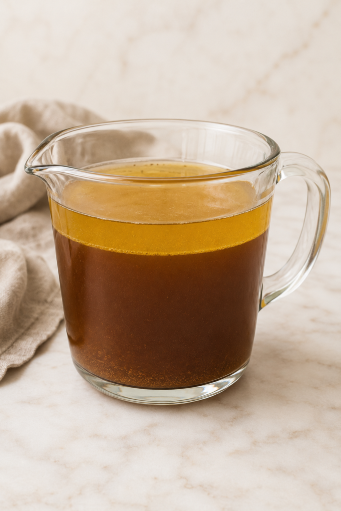 Strained turkey drippings in a clear measuring cup with golden turkey fat separated above the darker broth.