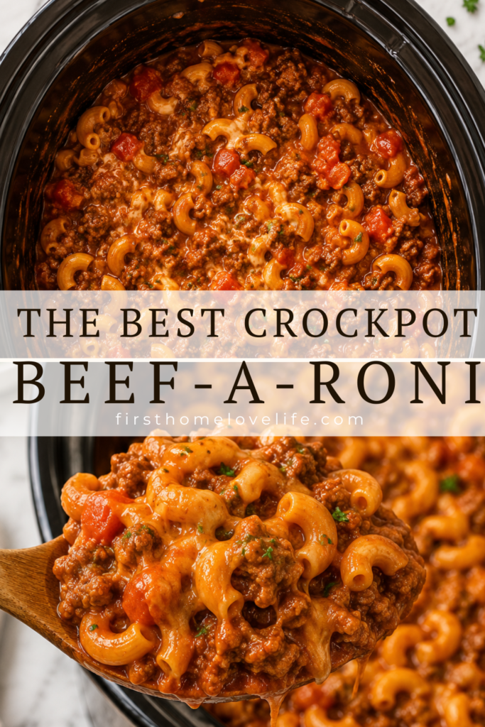 Wooden spoon lifting a cheesy serving of homemade Slow Cooker Beef-A-Roni from a black crockpot filled with ground beef, elbow macaroni, rich tomato sauce, and melted cheddar cheese.