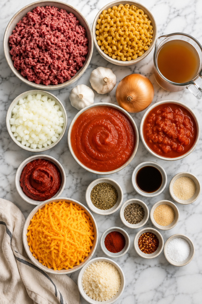 Flat lay of ingredients for Slow Cooker Beef-A-Roni including ground beef, elbow macaroni, marinara sauce, tomato sauce, tomato paste, shredded cheddar cheese, Parmesan cheese, onion, garlic, beef broth, Worcestershire sauce, and seasonings arranged on a white marble countertop.