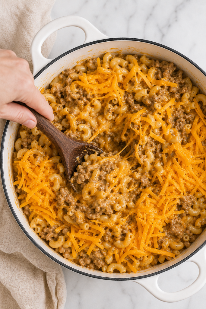 Shredded cheddar cheese being stirred into homemade cheeseburger Hamburger Helper with ground beef and elbow macaroni.