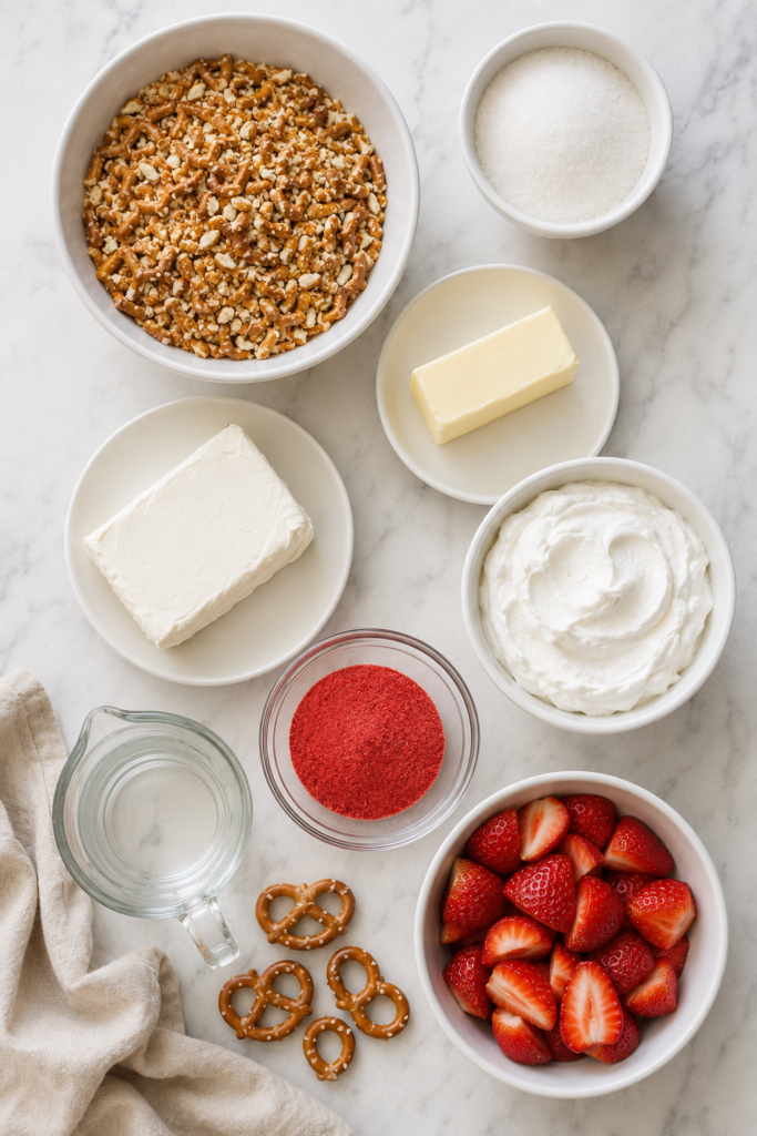 Strawberry pretzel salad ingredients including crushed pretzels, strawberries, cream cheese, whipped topping, gelatin, butter, and sugar