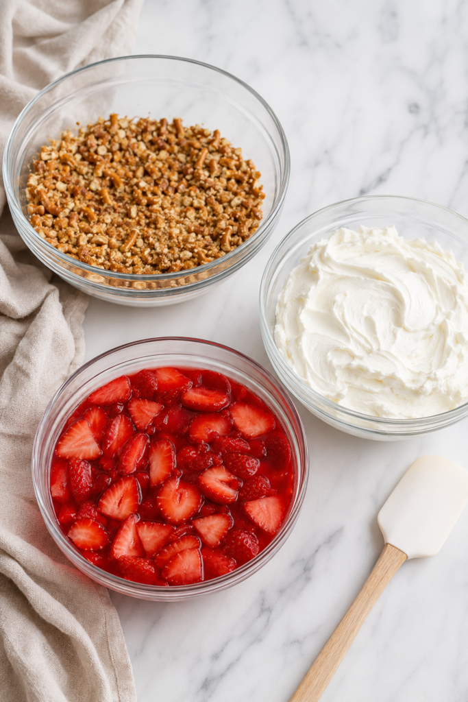 Pretzel crust, cream cheese filling, and fresh strawberry gelatin mixture in separate bowls before layering strawberry pretzel salad