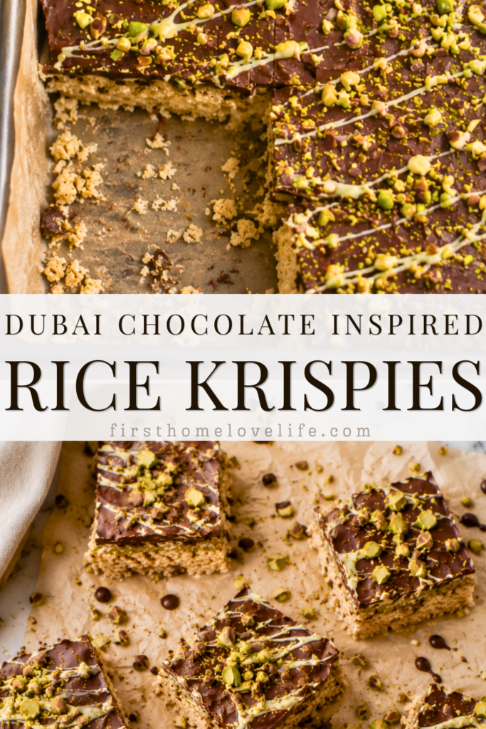 Pinterest pin featuring homemade Dubai Chocolate Inspired Rice Krispie Treats layered with creamy pistachio filling, rich chocolate, white chocolate drizzle, and chopped pistachios on a marble countertop.