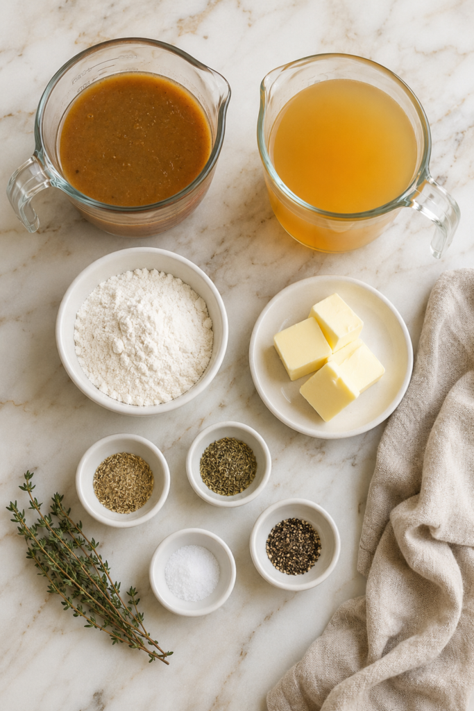 Turkey gravy ingredients including pan drippings, turkey stock, flour, butter, thyme, poultry seasoning, sage, salt, and black pepper.
