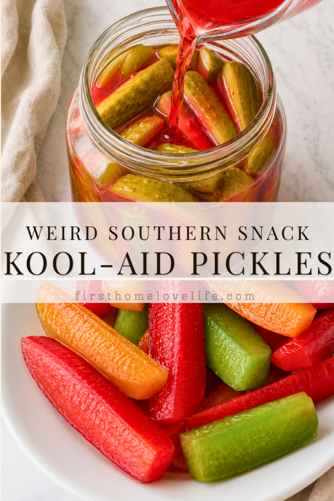 Pinterest pin showing red Kool-Aid brine poured over cut pickles and colorful Kool-Aid pickle spears with the words Weird Southern Snack Kool-Aid Pickles.
