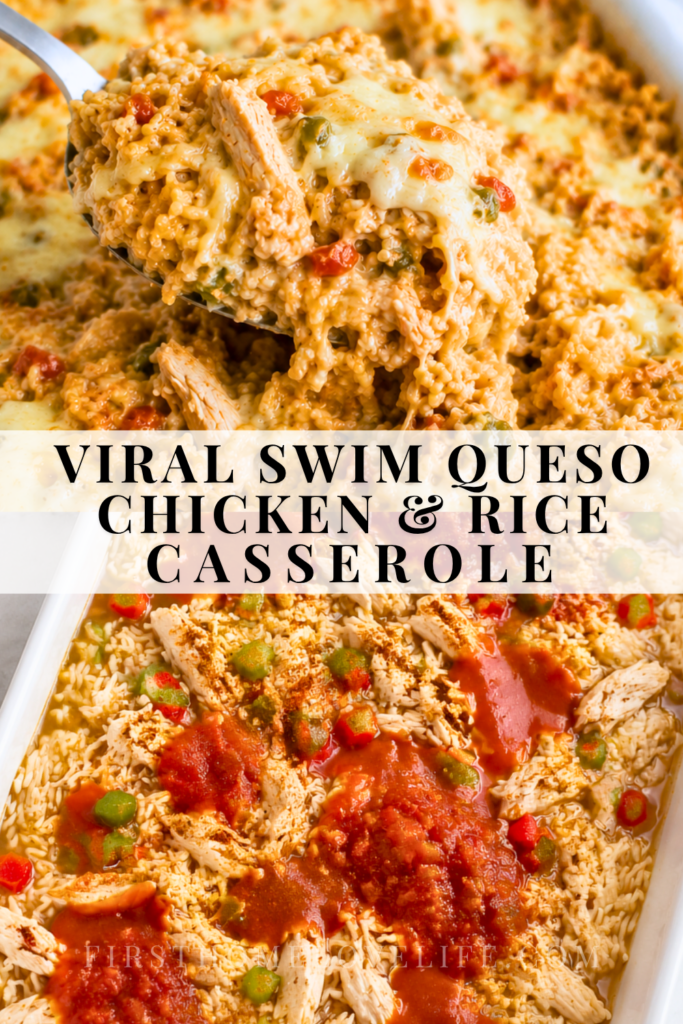 Swim queso chicken and rice casserole ingredients assembled in a white baking dish before mixing and baking.