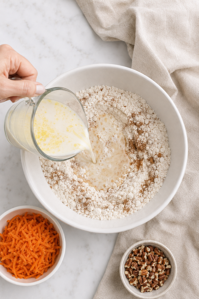 Milk, melted butter, and vanilla being poured into the spiced dry ingredients for homemade carrot cake cobbler.