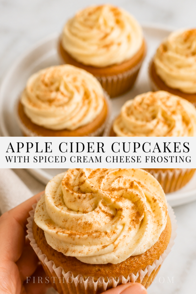 Pinterest pin showing a hand holding an apple cider cupcake with spiced cream cheese frosting and more cupcakes behind it