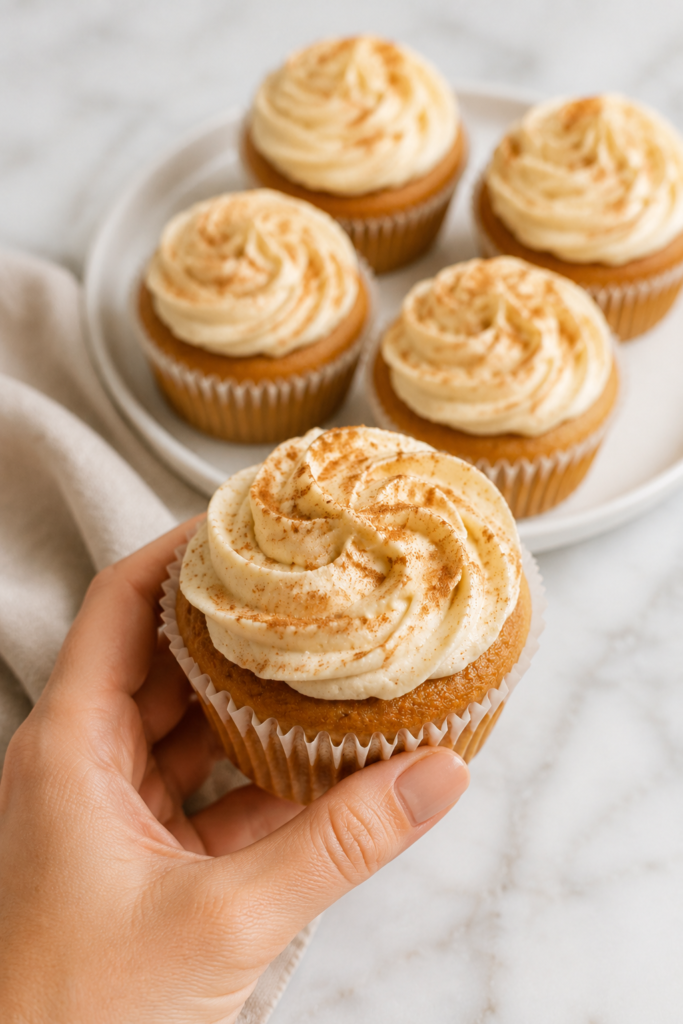 Hand holding an apple cider spiced cupcake with cinnamon cream cheese frosting and more cupcakes in the background