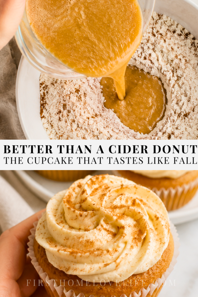 Pinterest pin showing apple cider spiced cupcakes with cinnamon cream cheese frosting and wet ingredients being added to flour