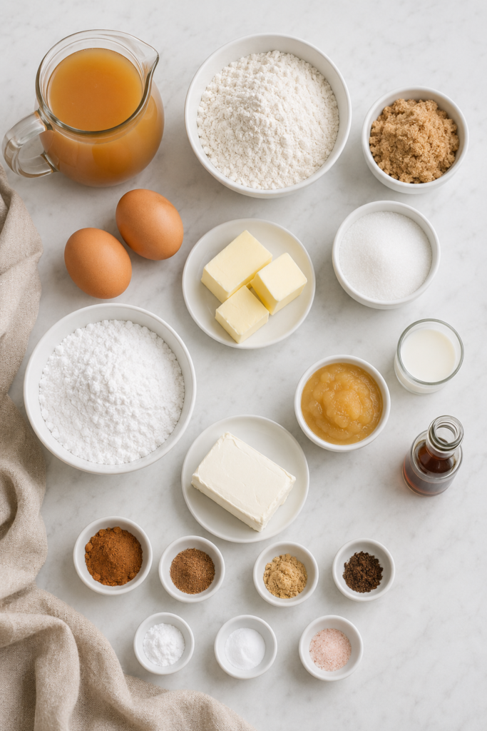 Apple cider spiced cupcake ingredients arranged in white bowls on a marble counter