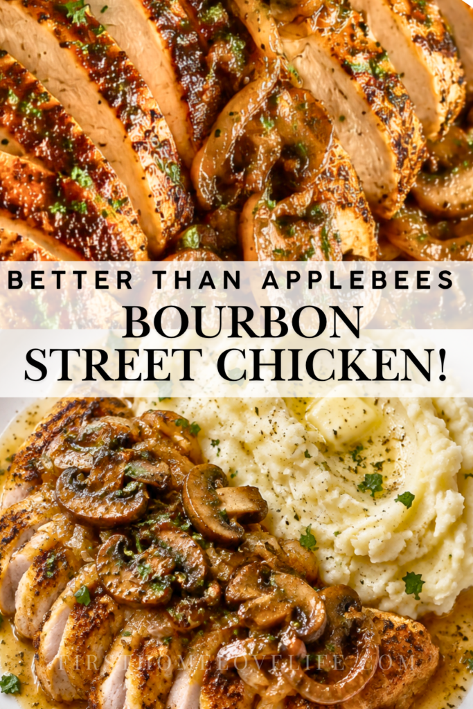 Copycat Applebee’s Bourbon Street Chicken with sautéed mushrooms, onions, garlic butter sauce and creamy mashed potatoes.