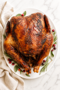 Crispy deep-fried Thanksgiving turkey on a white platter garnished with fresh herbs and cranberries.
