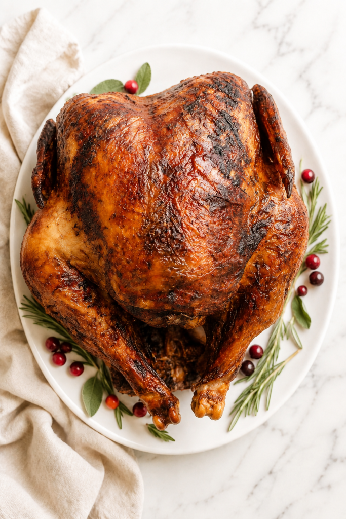 Crispy deep-fried Thanksgiving turkey on a white platter garnished with fresh herbs and cranberries.