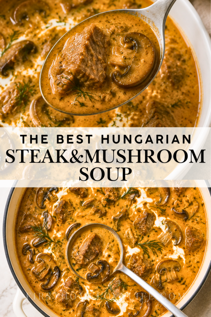 Pinterest pin featuring creamy Hungarian steak and mushroom soup with tender beef, sliced mushrooms, paprika, sour cream and dill.