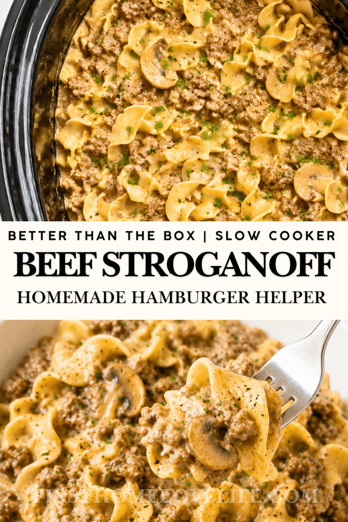 Pinterest image for Slow Cooker Hamburger Helper Beef Stroganoff with ground beef, mushrooms and creamy egg noodles