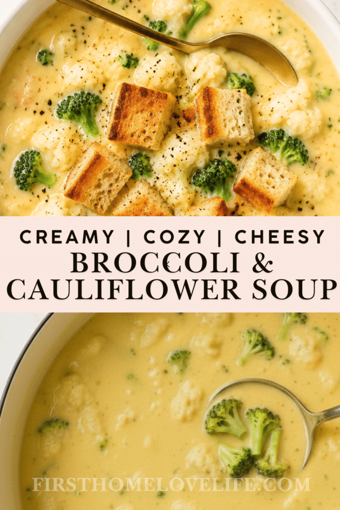 Overhead view of creamy broccoli cauliflower cheese soup with tender vegetables in a white enamel Dutch oven.